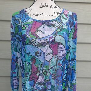 MULTIPLES Abstract Sheer Multicolor Tunic Top L